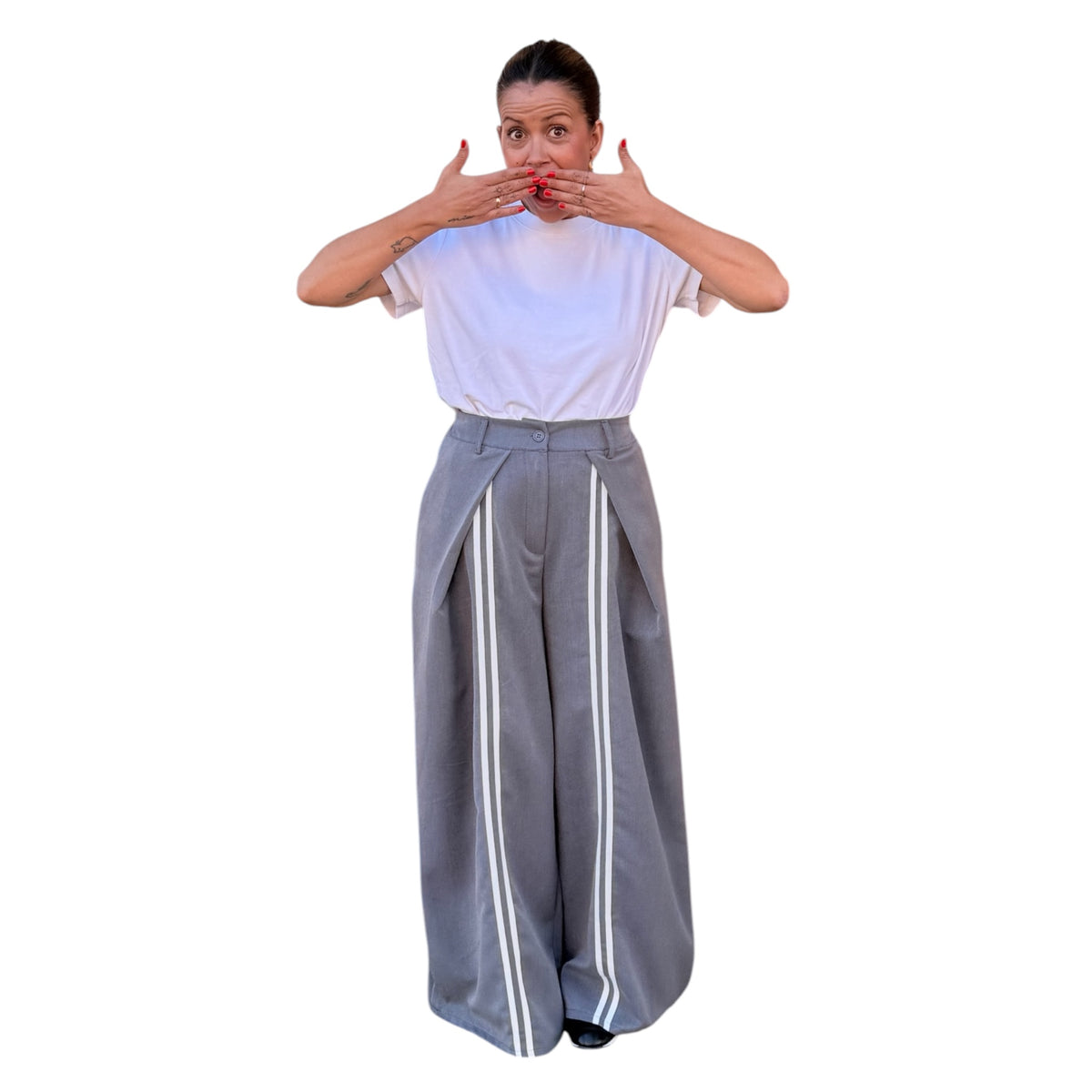 Pantalón Wide Leg Gris con Rayas