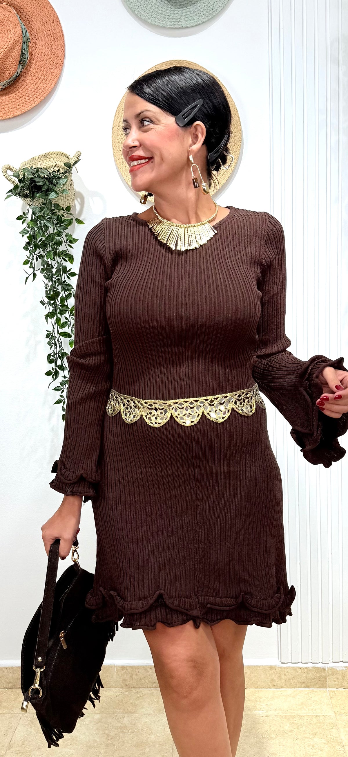 Vestido canalé volantes chocolate - AC