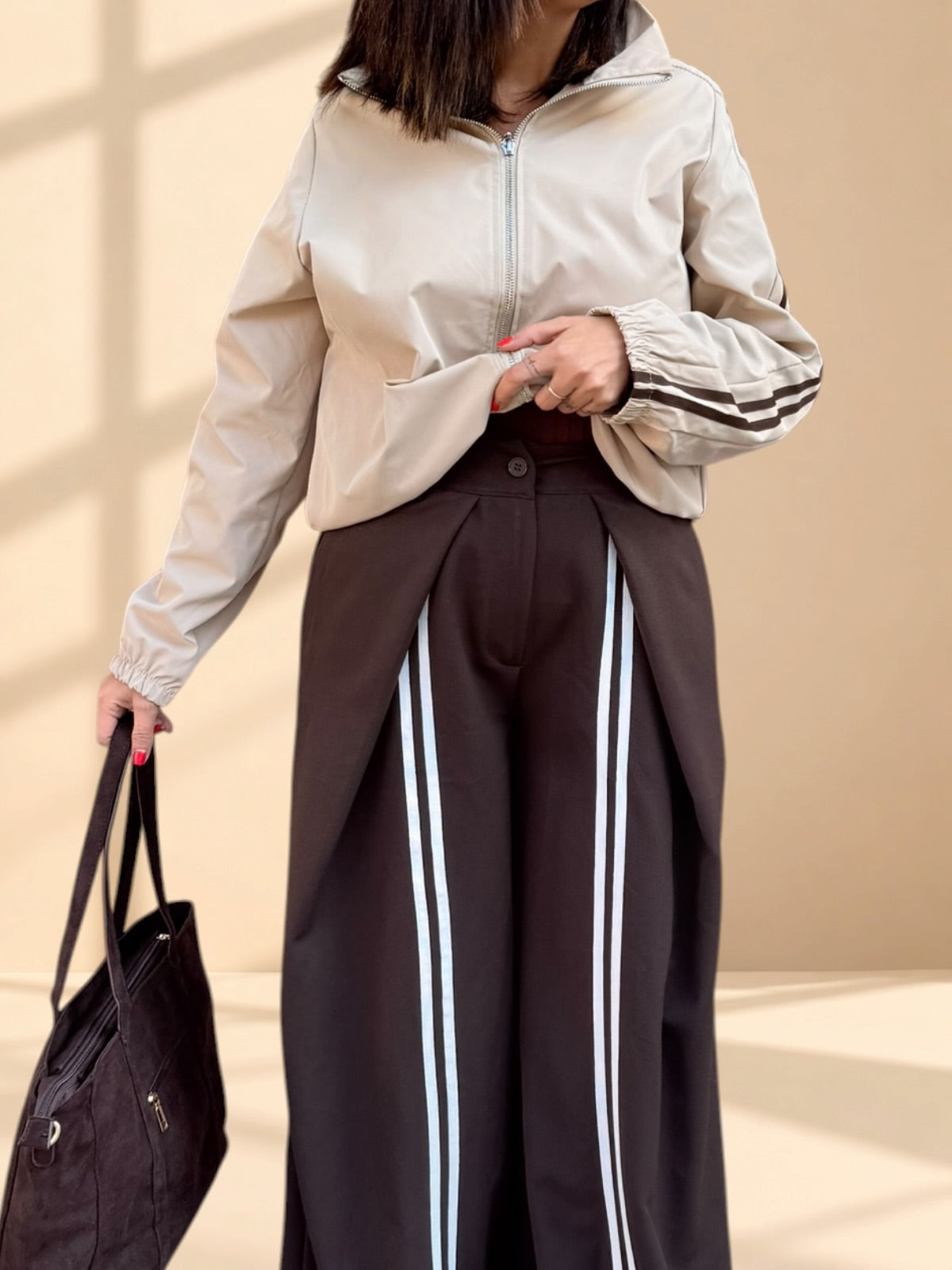 Pantalón Wide Leg Chocolate con Rayas
