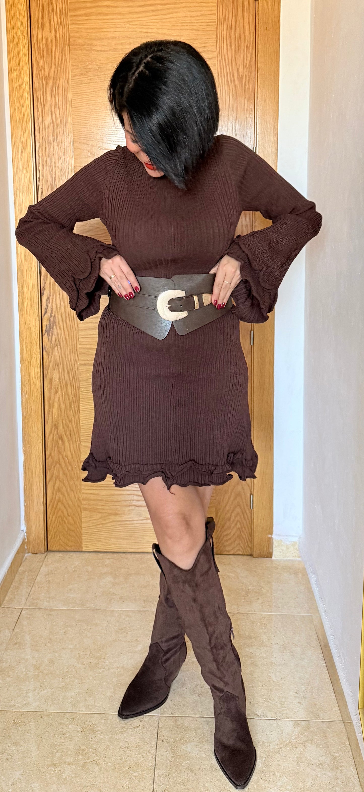 Vestido canalé volantes chocolate - AC