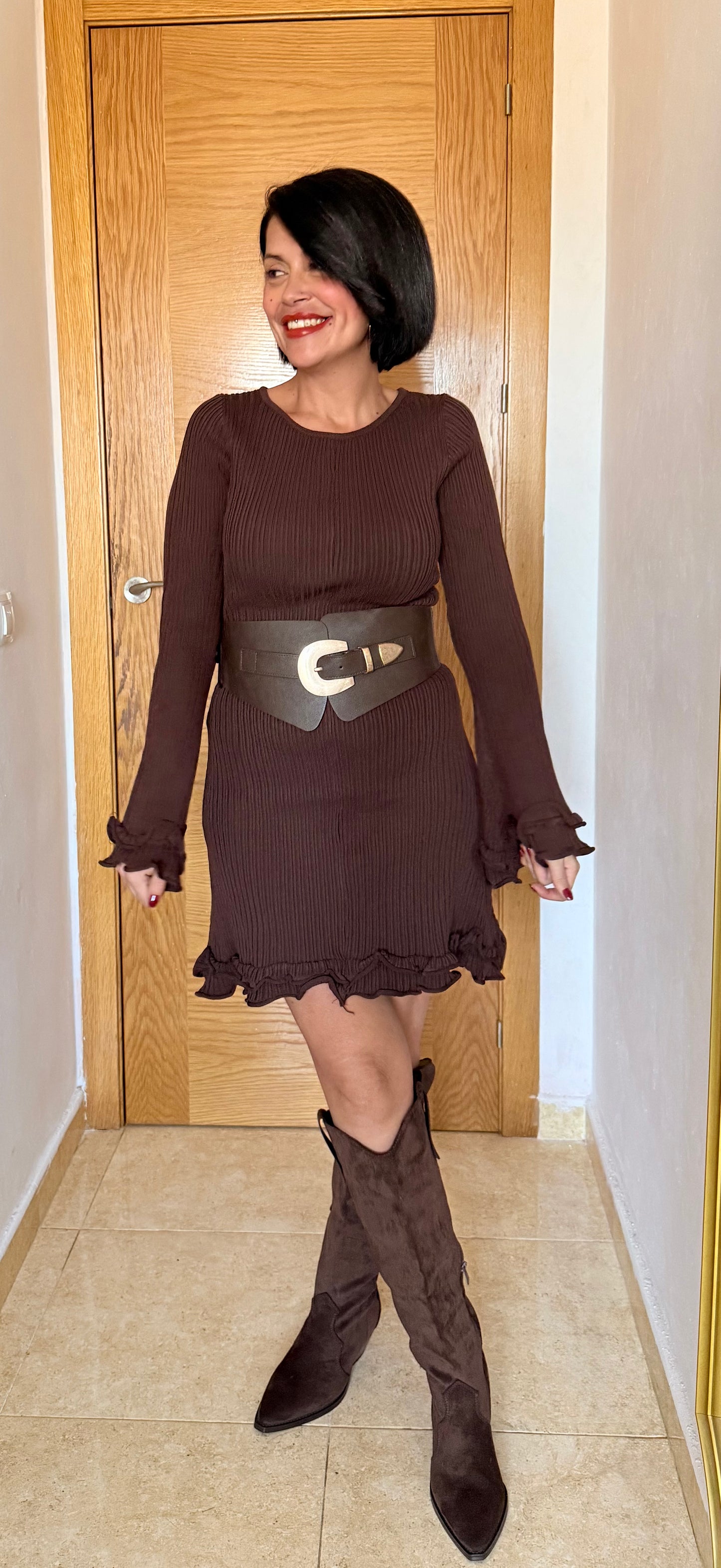 Vestido canalé volantes chocolate - AC