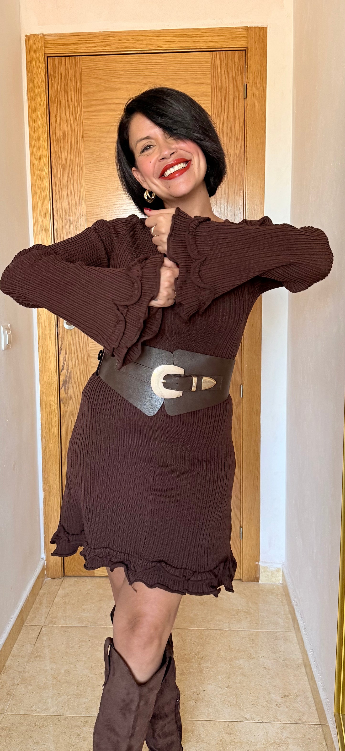 Vestido canalé volantes chocolate - AC
