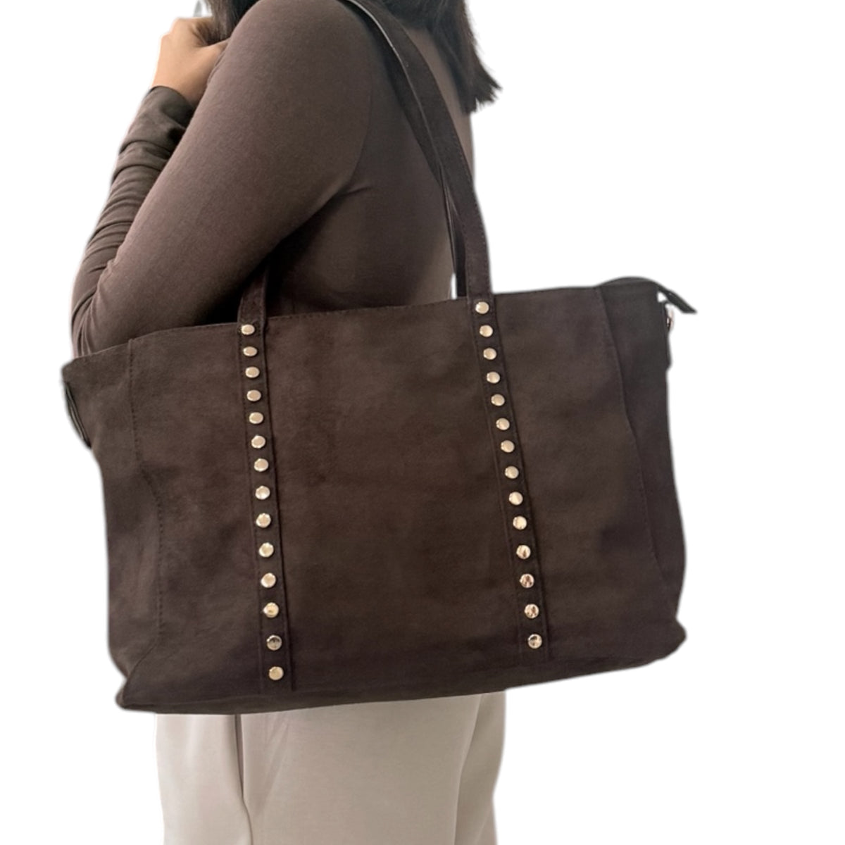 Bolso piel vuelta chocolate tachas
