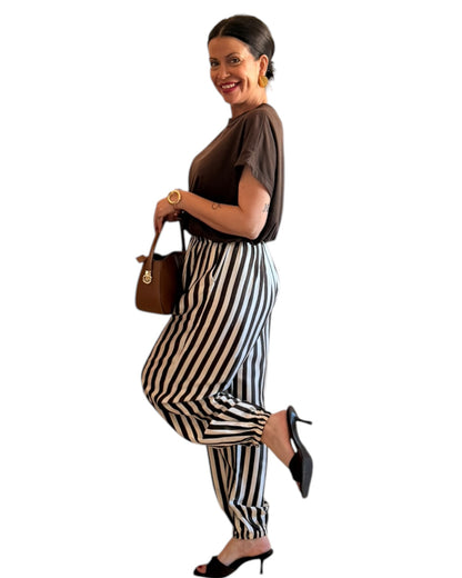 Pantalón satinado rayas choco y crudo