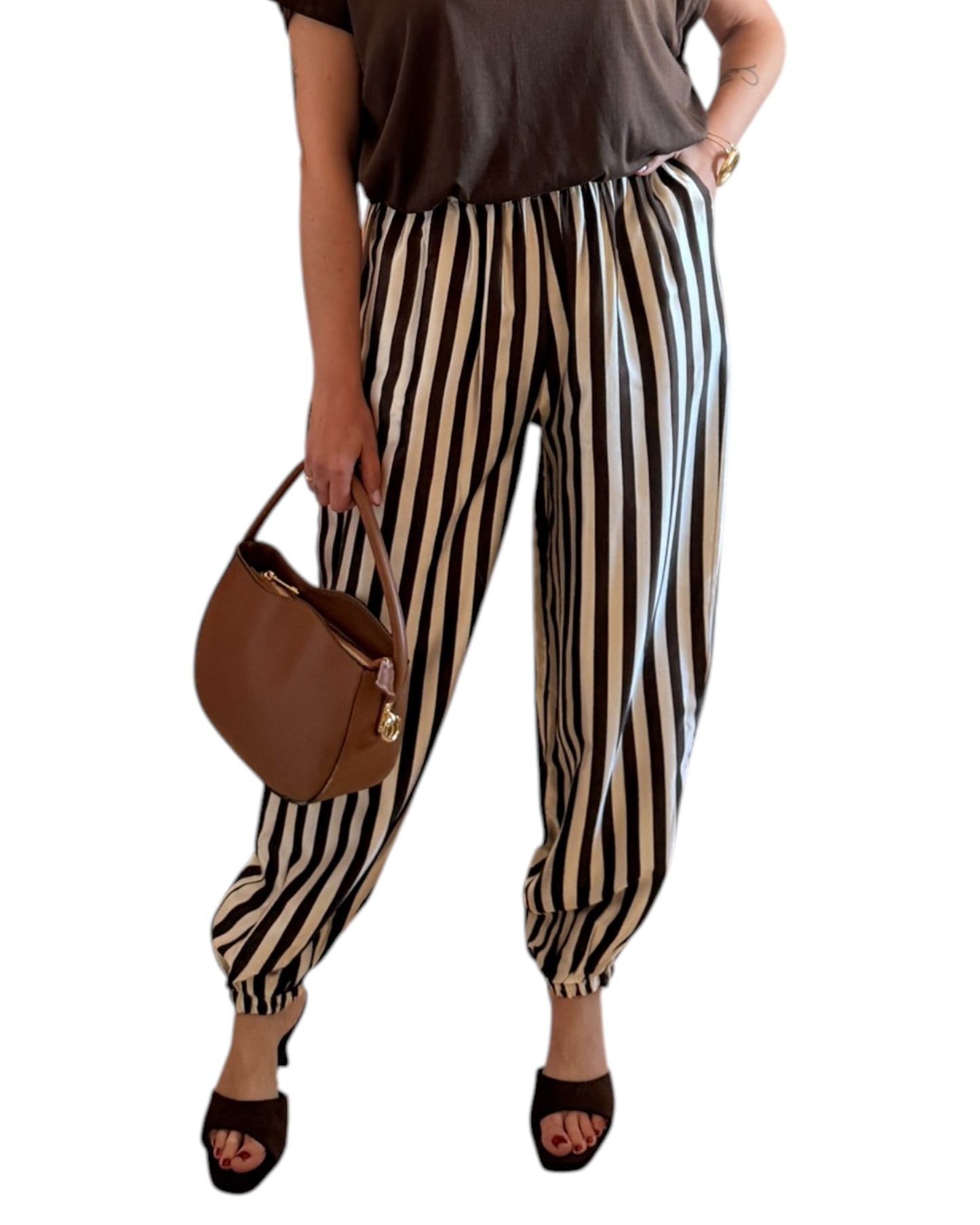 Pantalón satinado rayas choco y crudo