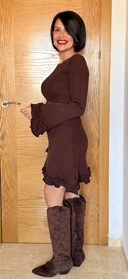 Vestido canalé volantes chocolate