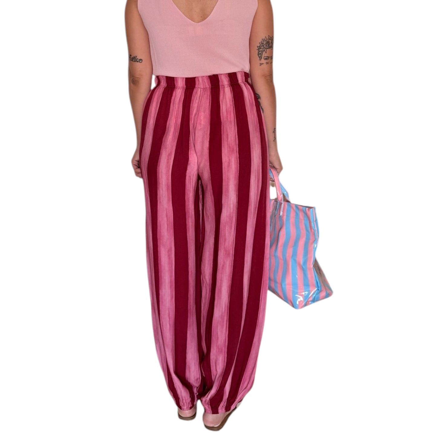 Pantalón rayas jaspe rojo y rosa