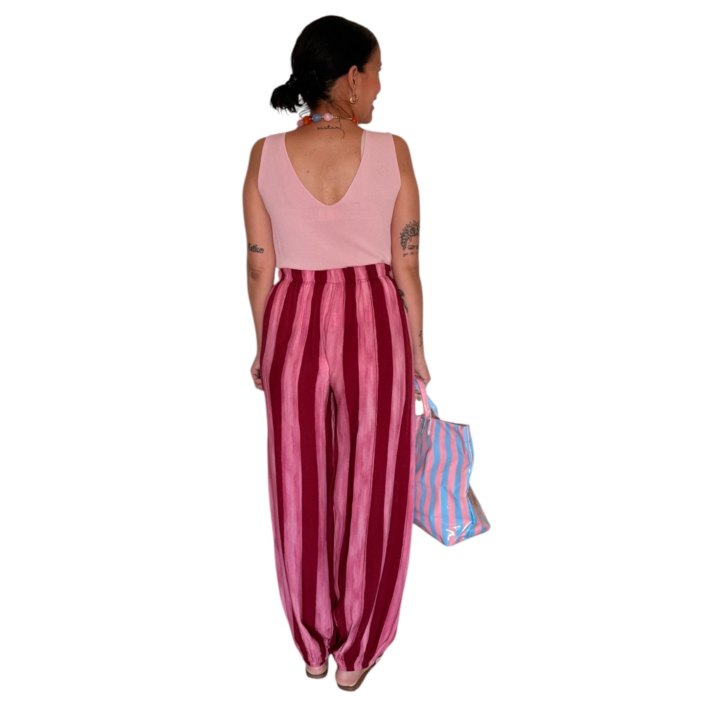 Pantalón rayas jaspe rojo y rosa
