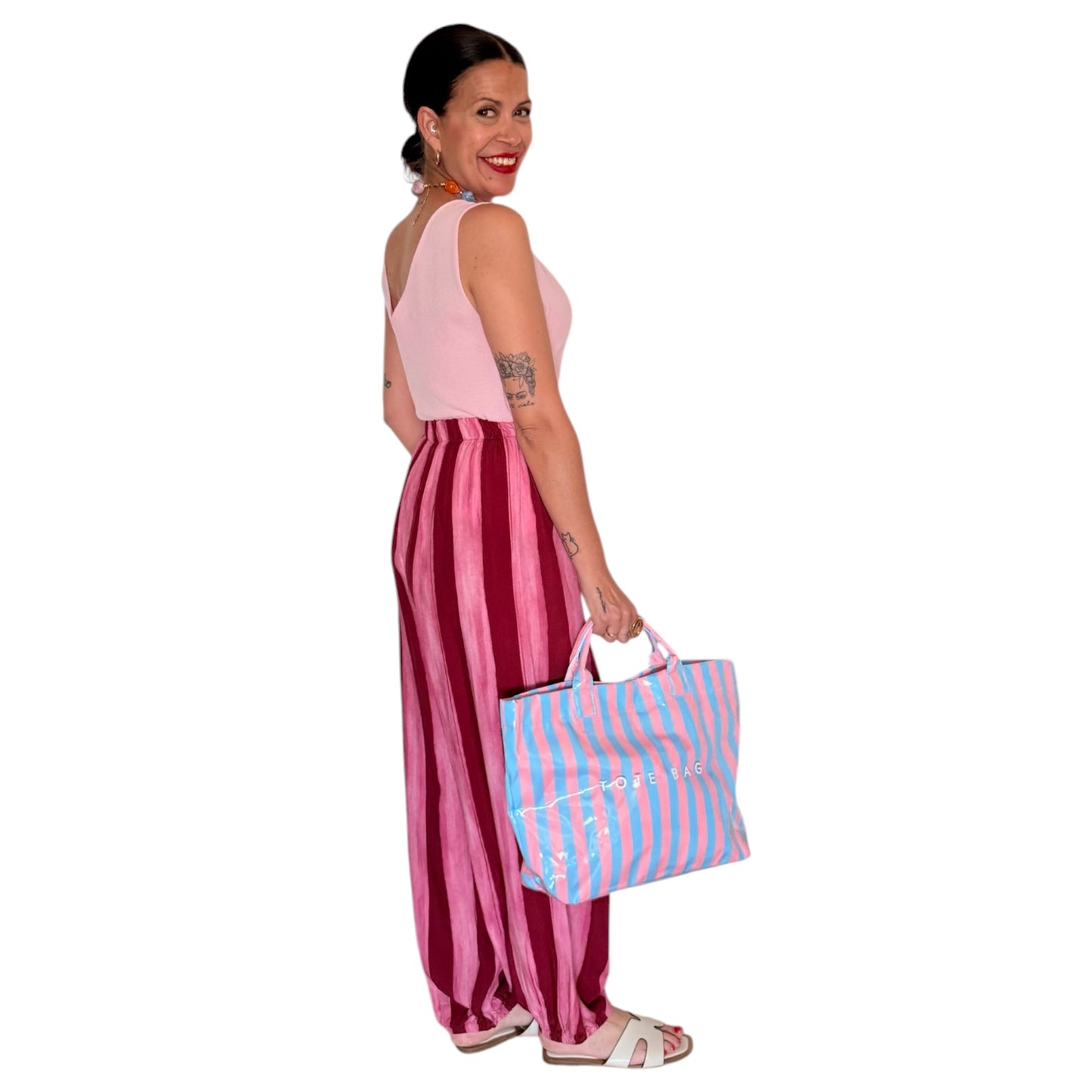 Pantalón rayas jaspe rojo y rosa