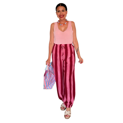 Pantalón rayas jaspe rojo y rosa