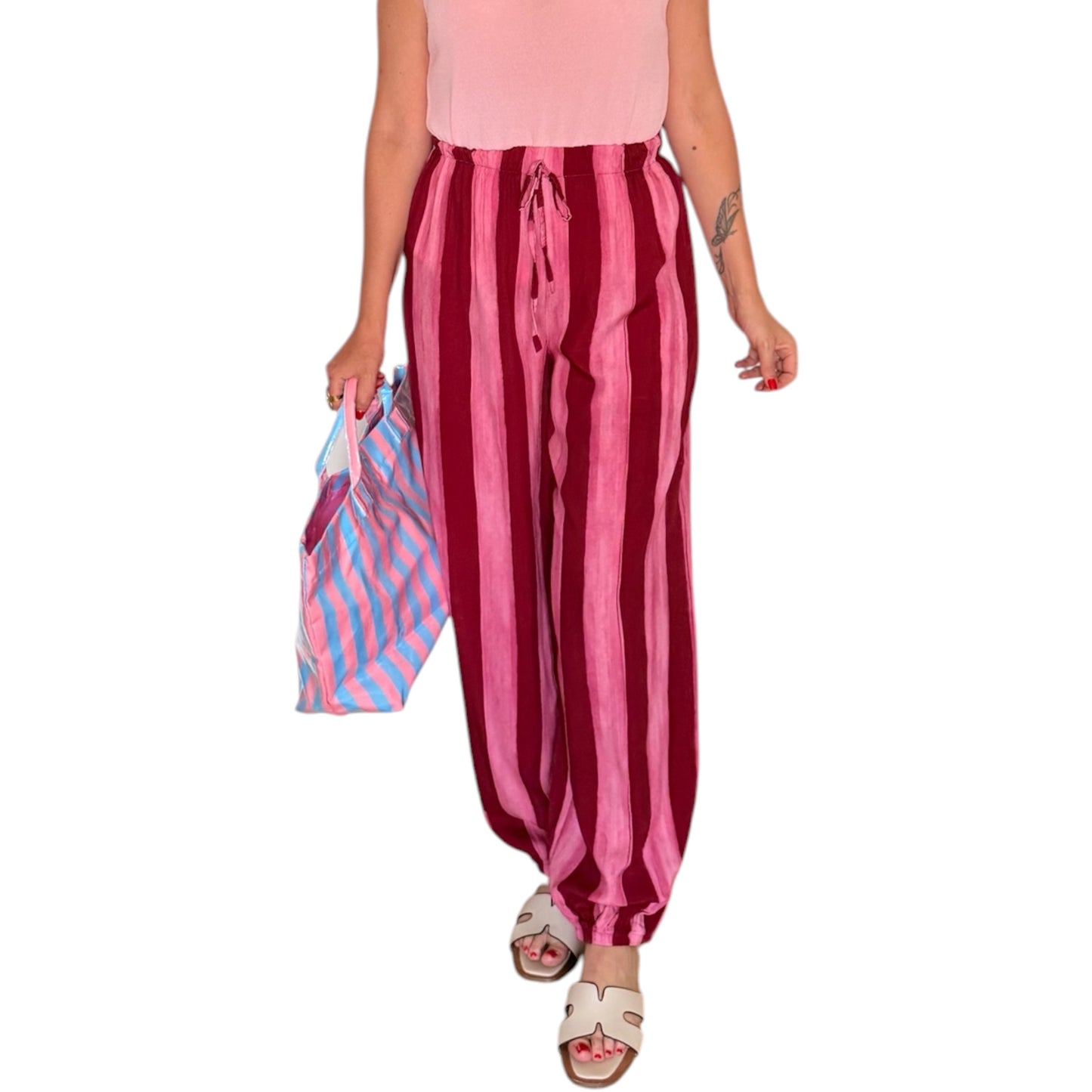 Pantalón rayas jaspe rojo y rosa