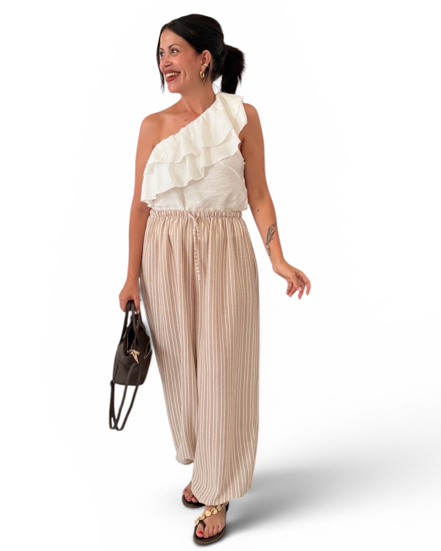 Pantalón aladin rayas beige