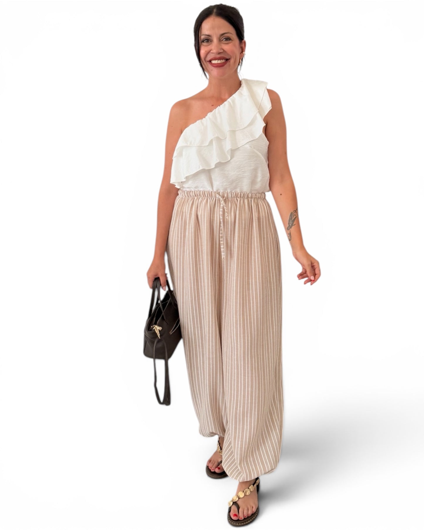 Pantalón aladin rayas beige