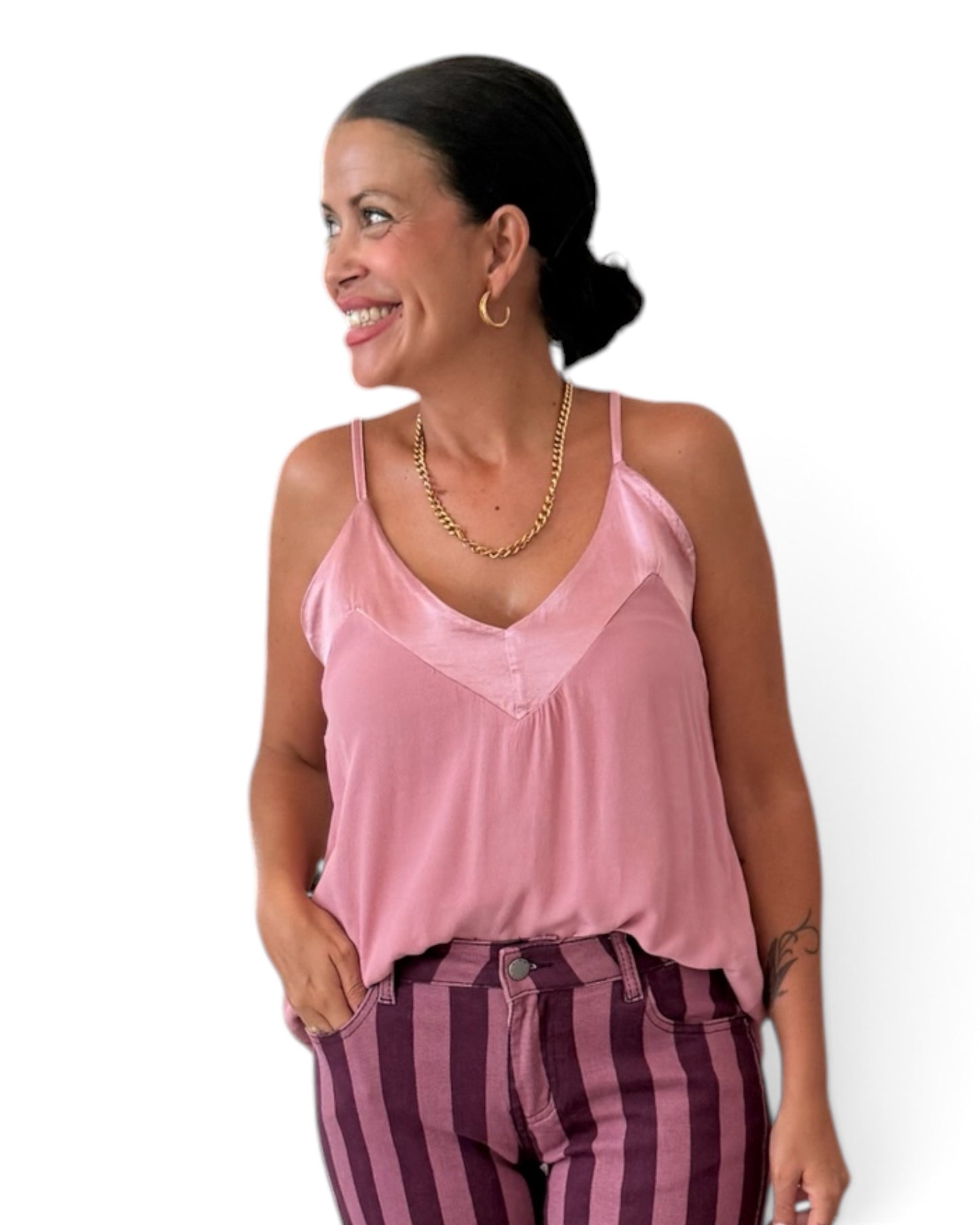 Pantalón rayas burdeos rosa