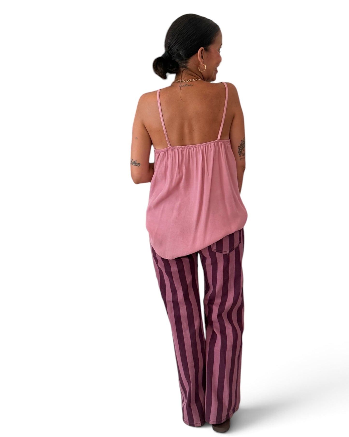 Pantalón rayas burdeos rosa