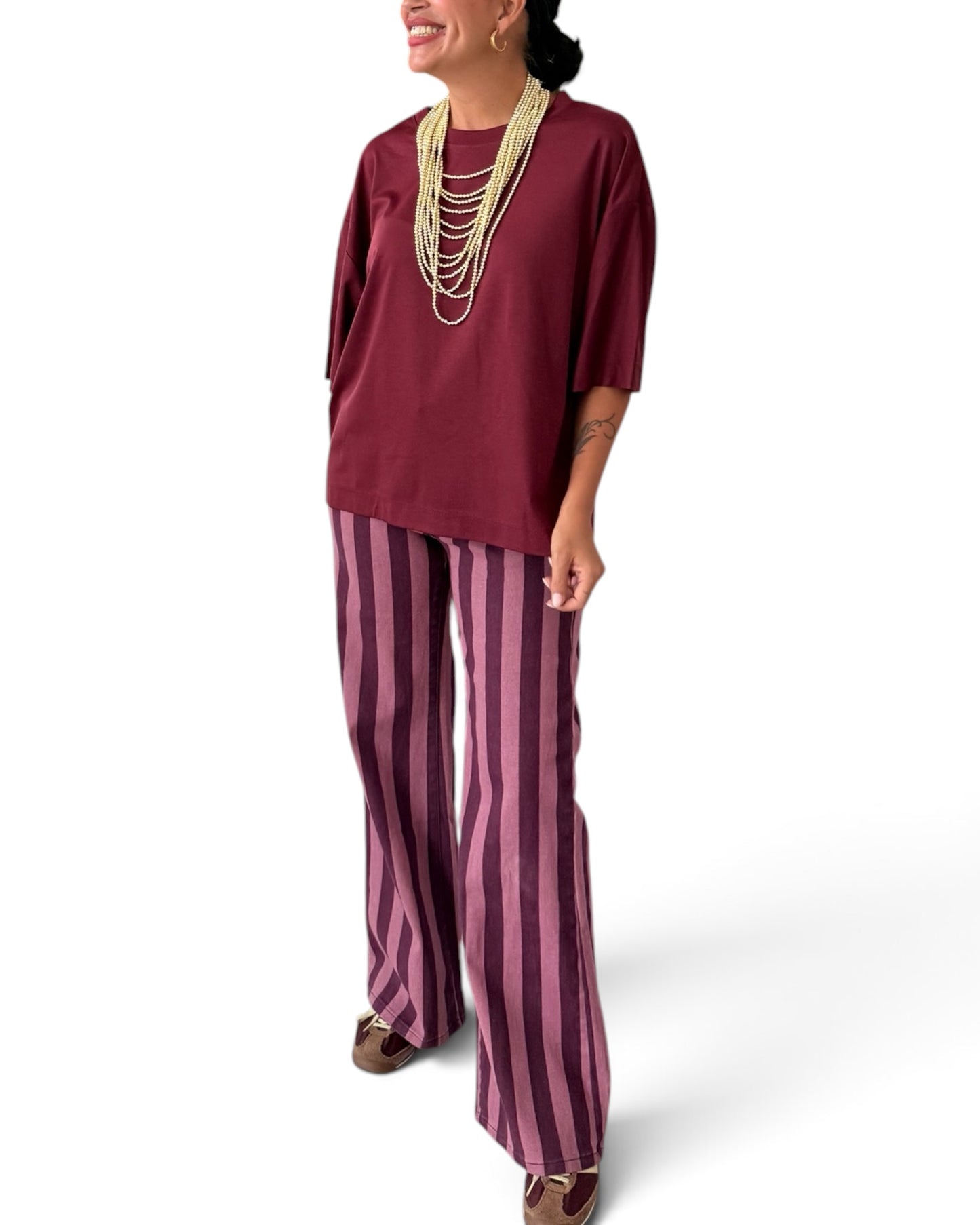 Pantalón rayas burdeos rosa