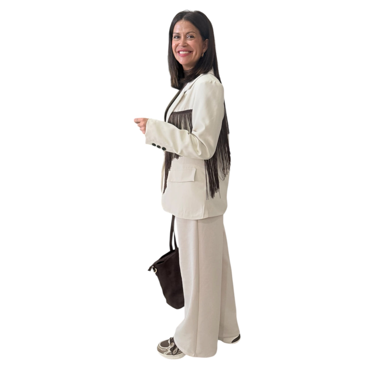 Pantalón pinzas beige wide leg